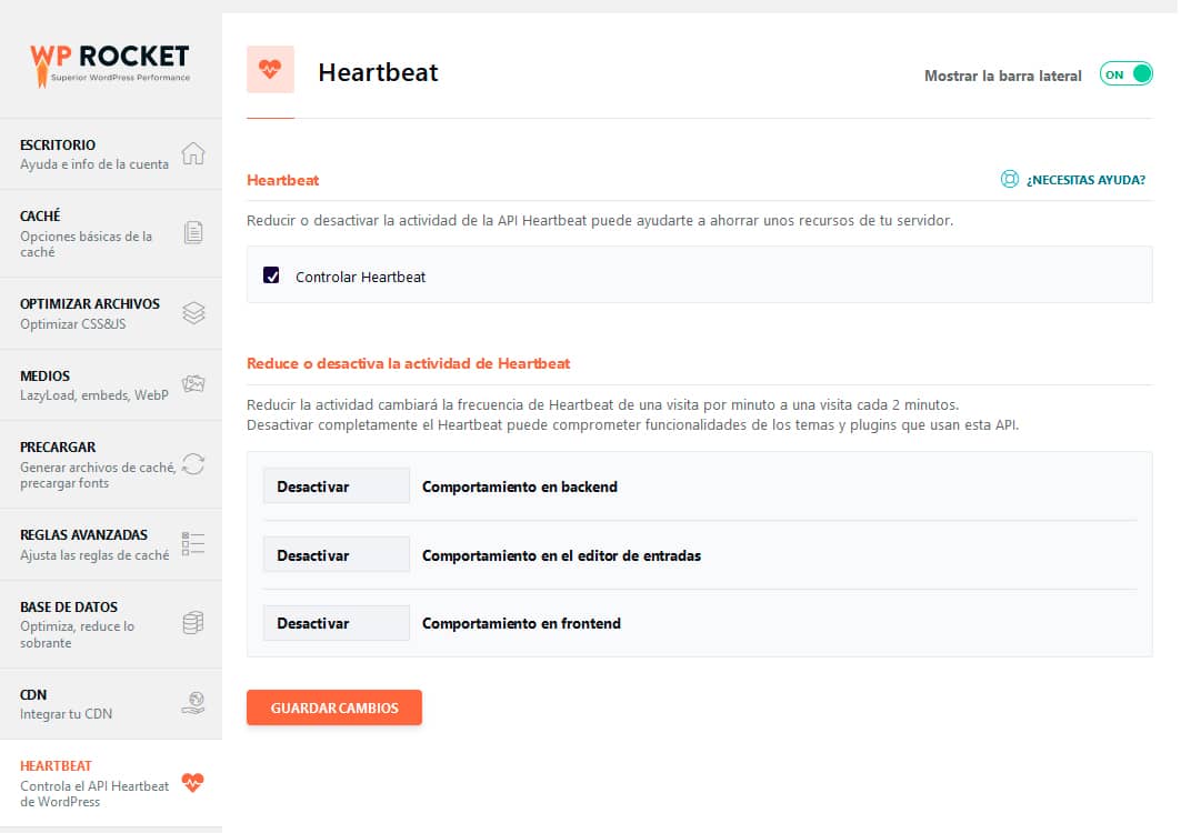 complemento Heartbeat Control , WP Rocket