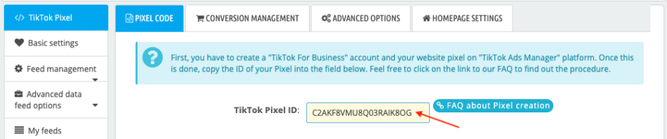 TikTok Pixel" de la configuración de tu módulo