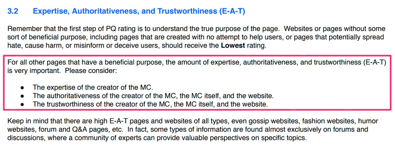 Importance of Expertise, Authority, and Trustworthiness for Rankings.