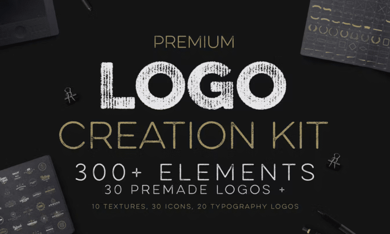 Kit de creación de logotipos compatible con Adobe Photoshop y Illustrator, incluye elementos, texturas y fuentes